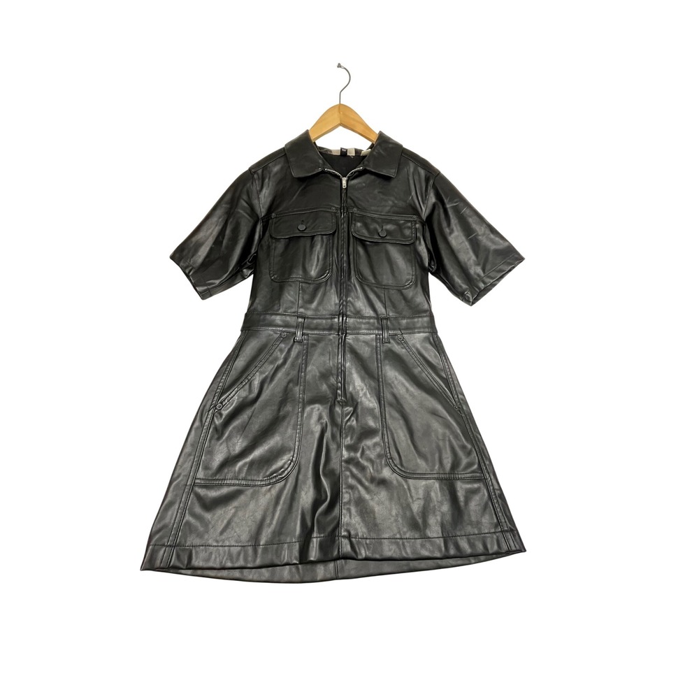 Black Faux Leather Short Sleeve Button Front Mini Dress Collared Utility Style